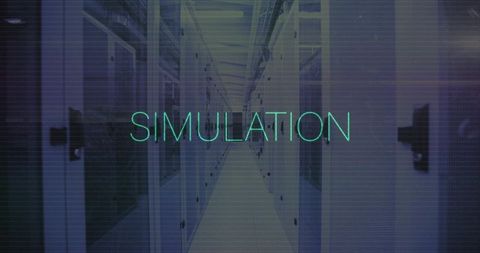 Neon simulation text over futuristic data center aisle showing symmetrical server racks and glitch
