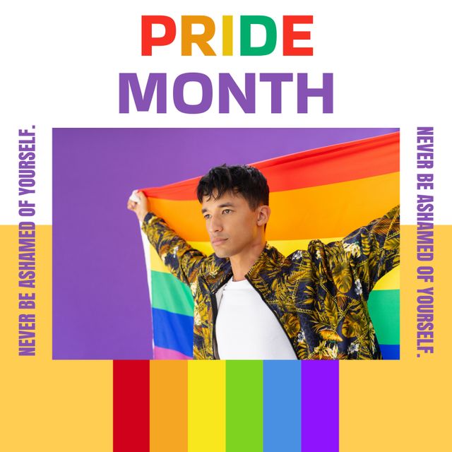 This poster highlights Pride Month celebration, featuring a happy man holding a rainbow flag. The vibrant colors and bold text convey a strong message of diversity, inclusion, and acceptance. Ideal for social media posts, promotional materials, educational content, and events supporting LGBTQ rights.