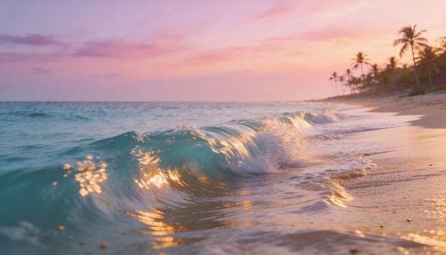 Turquoise wave catching golden sunset light on tropical palm-fringed beach