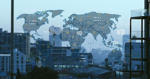 Futuristic cityscape with digital global network map