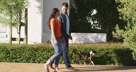 Happy couple walking dog outdoors in sunny neighborhood