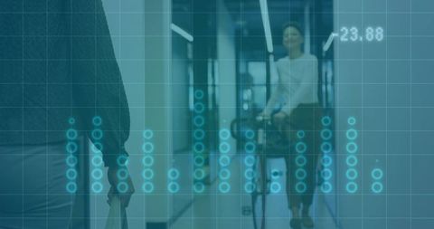Senior Pushing Rollator in Care Corridor with Digital Health HUD Overlay and Mobility Data