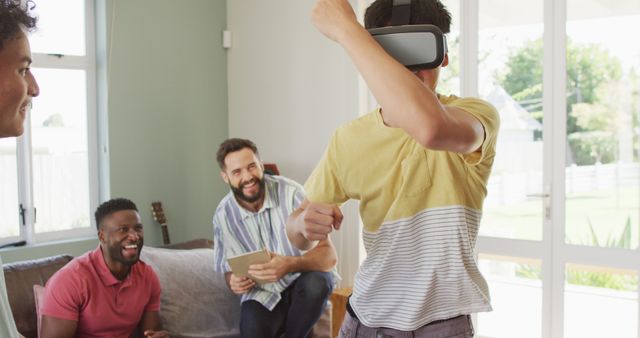 Diverse Friends Having Fun with Virtual Reality Technology in Living Room - Download Free Stock Images Pikwizard.com