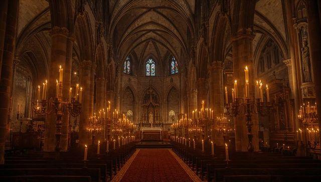 Candlelit gothic cathedral interior with stone altar