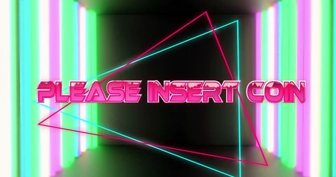 Neon 'please insert coin' sign on black background
