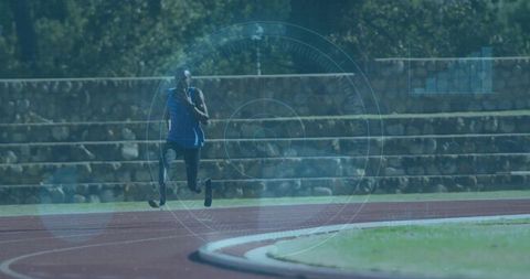 Teenage Sprinter Using Prosthetic Running Blades on Curved Track with HUD Analytics Overlay