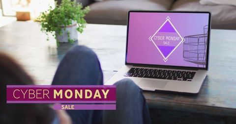 Cyber monday sale on laptop screen, shopping online at home