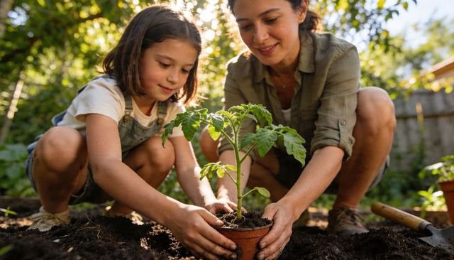 Woman and child planting seedling in backyard garden kneeling together nurturing growth