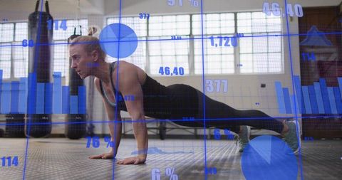 Woman holding plank while fitness data visualization overlays tracking performance and metrics