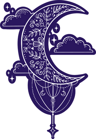 Mystical crescent moon with ornate floral patterns on transparent background