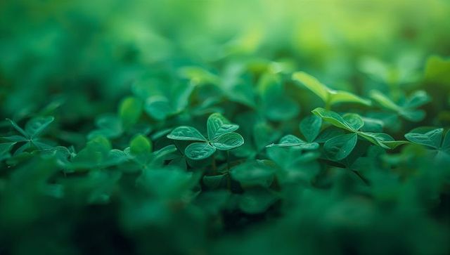 Macro clover closeup revealing dew-kissed trifoliate leaves and soft bokeh light