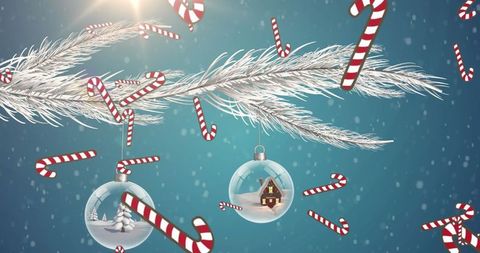 Festive Candy Canes Falling Over Christmas Ornaments