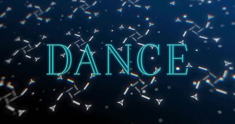 Pulsing neon dance text glowing on futuristic visualizer with geometric light elements
