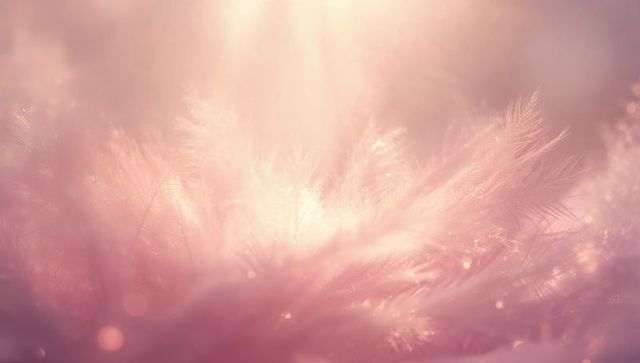 Glowing Pale Pink Feathers Bathing in Warm Light with Soft Bokeh Sparkles, Macro