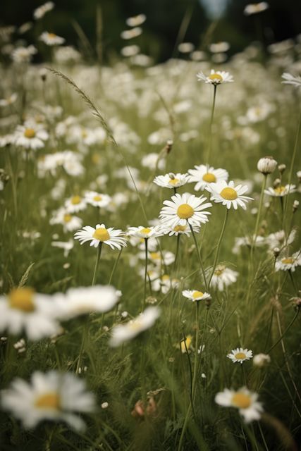 Daisies in a verdant field blooming under the bright sun. Ideal for nature appreciation, relaxation themes, outdoor life, or brochures promoting environmental awareness.