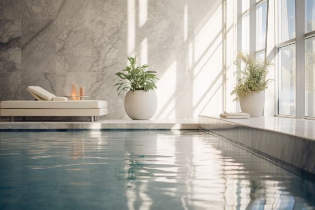 Sunlight in relaxation pool room at modern health spa, created using generative ai technology. Health spa, wellbeing, interior design and luxury concept digitally generated image.