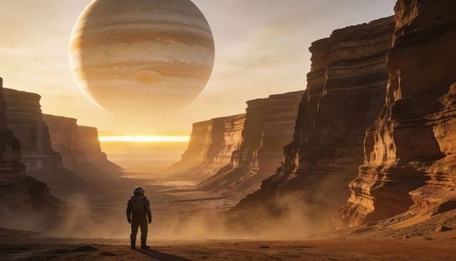 Astronaut standing on canyon plateau overlooking massive gas giant at glowing sunset