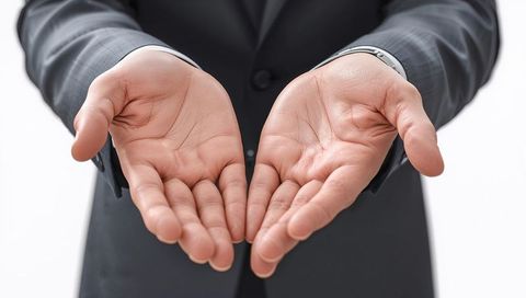 Executive Offering Help with Open Hands Cupped Palms Forward Dark Suit Wristwatch Gesture