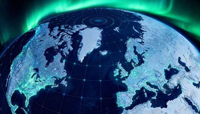 Arctic globe showing icy polar cap and glowing city lights under aurora borealis