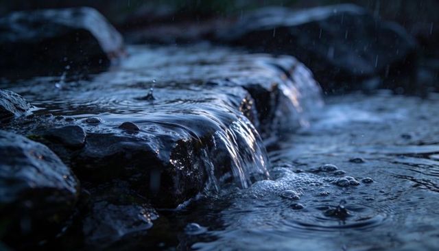 Flowing stream cascading over wet stone ledge at blue hour creating ripples and droplets