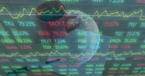 Stock Market Trends with Coffee Mug and Globe Reflection