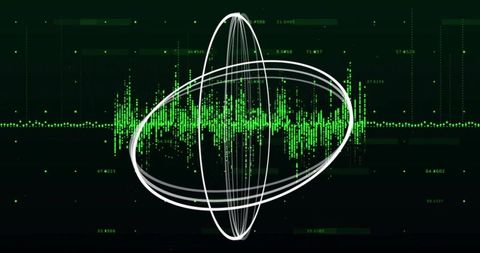 Rotating wireframe ellipsoid orbiting neon waveform displaying holographic telemetry