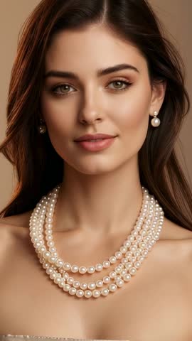 Vertical video showcasing model tilting head, highlighting multi-strand pearl necklace