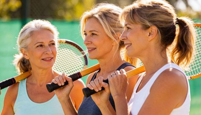 Mature women holding wooden rackets on shoulders chatting on sunlit tennis court