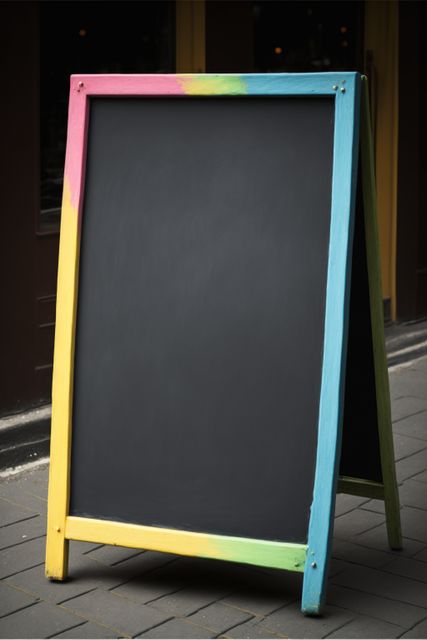 Colorful chalkboard sign with a multicolored frame standing on the sidewalk. Ideal for advertising menus, events, sales, or promotions. Useful for cafes, bars, restaurants, shops, or outdoor markets looking to attract attention and creatively display messages.
