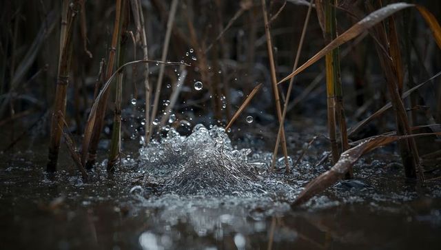 Crown water splash in reed marsh with droplets, ripples and wetland reflections