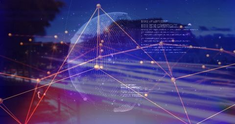 Digital network lines and data processing over city skyline