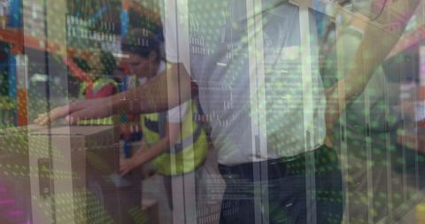 Warehouse worker experiences back pain amidst digital overlay