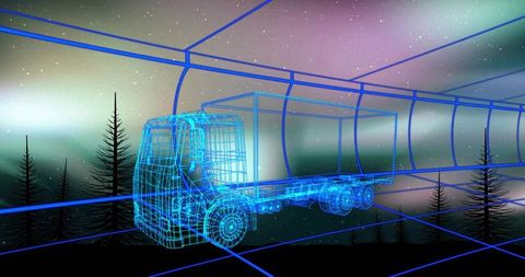 Glowing neon wireframe cargo truck traveling through futuristic grid tunnel under aurora sky