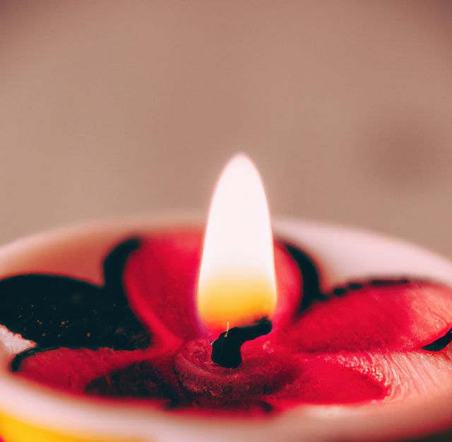 Close-up of a burning flower-shaped candle with red petals providing a warm and inviting ambiance. Ideal for use in designs associated with relaxation, meditation, home decor, or warm and tranquil environments.