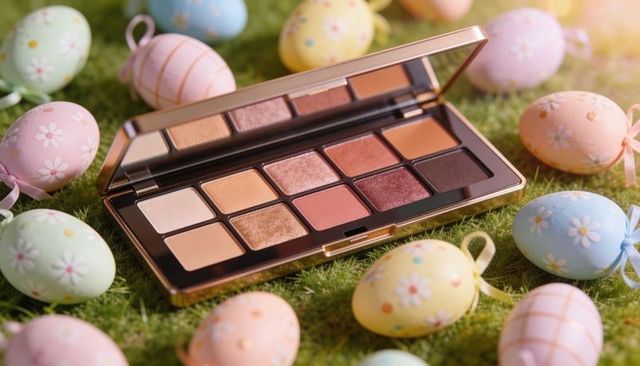 Gold eyeshadow palette reflecting mirror on grass with pastel easter eggs for spring beauty