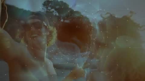 Friends Enjoying Convertible Ride with Digital Network Overlay