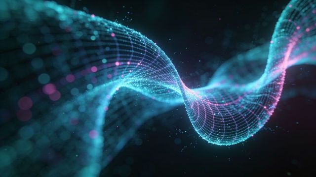 Neon particle mesh wave twisting through dark space with glowing grid and bokeh