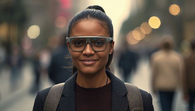 Confident asian professional wearing glasses and backpack standing on city street with bokeh