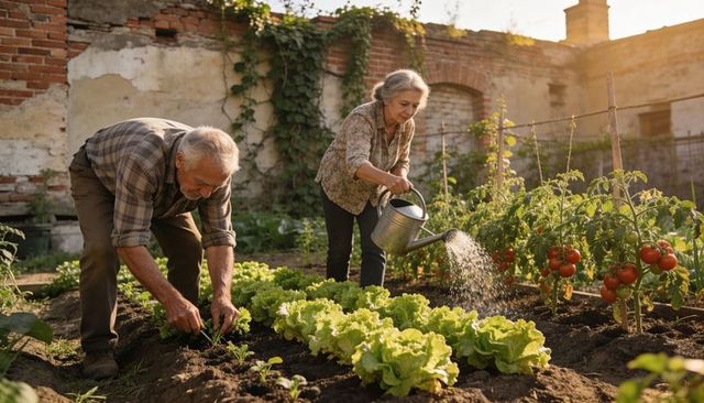 Senior couple tending backyard vegetable garden at sunset watering lettuce pruning tomatoes