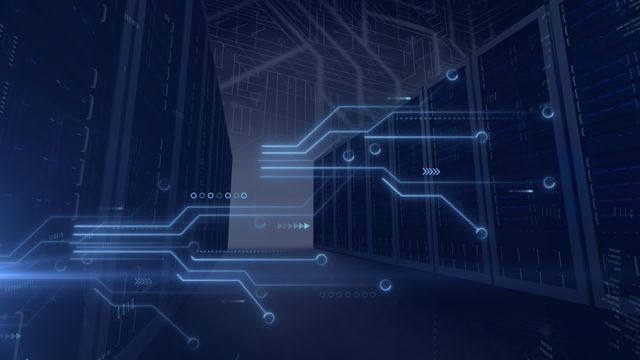 Animation showing digital data processing over computer motherboard in server room indicating importance of online security and computing in modern technology and IT infrastructure. Ideal for use in articles about cybersecurity, data centers, information technology, and technological advancements in global networking systems.