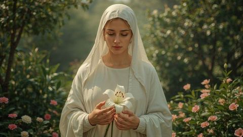 Woman in white robe holding lily in tranquil garden