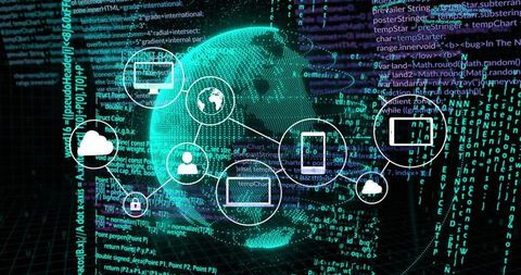 Teal Digital Globe Connecting Cloud Devices with Streaming Code and Network Visualization