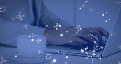 Futuristic Technology Concept: Hands Typing with Molecular Overlay