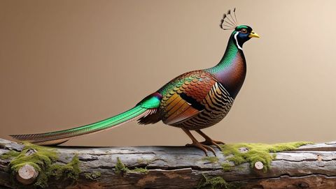 Iridescent pheasant animal perched on mossy log with beige backdrop