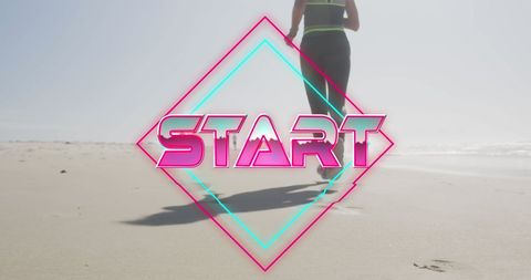 Woman Running on Beach with Bold Pink Start Text