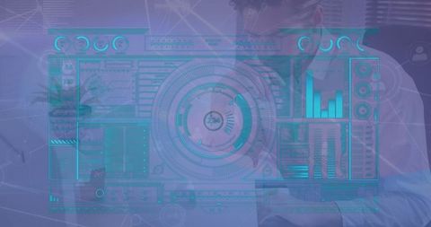 Futuristic scientist analyzing data with holographic interface