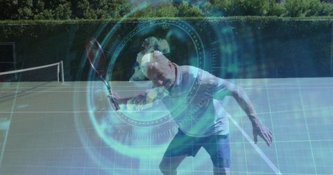 Senior man playing tennis with holographic overlay technology
