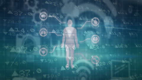 Futuristic Digital Data Processing Interface with Silhouette