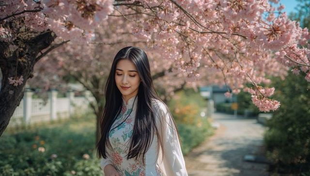 Asian woman standing under cherry blossoms wearing floral traditional dress and pale robe