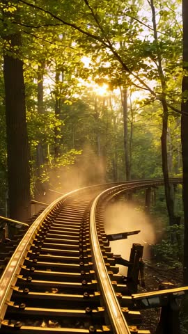 Glowing Narrow-Gauge Rails Curving on Elevated Wooden Trestle Through Sunlit Forest at Golden Hour